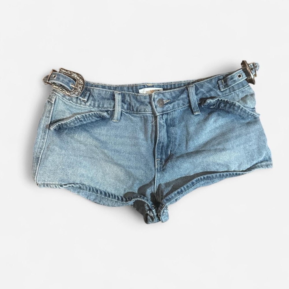 Austin Langing blue denim shorts with side belt detailing